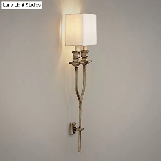 Fork Shape Wall Sconce Countryside Metal Light Fixture - 2-Bulb White/Rust Finish With Fabric