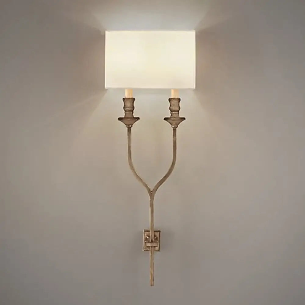 Fork Shape Wall Sconce Countryside Metal Light Fixture - 2-Bulb White/Rust Finish With Fabric