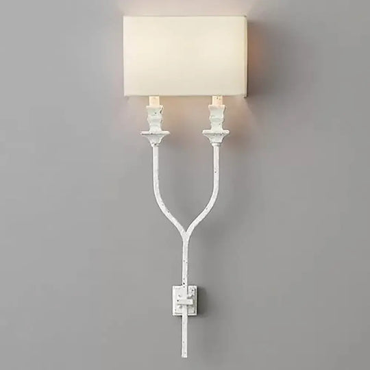 Fork Shape Wall Sconce Countryside Metal Light Fixture - 2-Bulb White/Rust Finish With Fabric