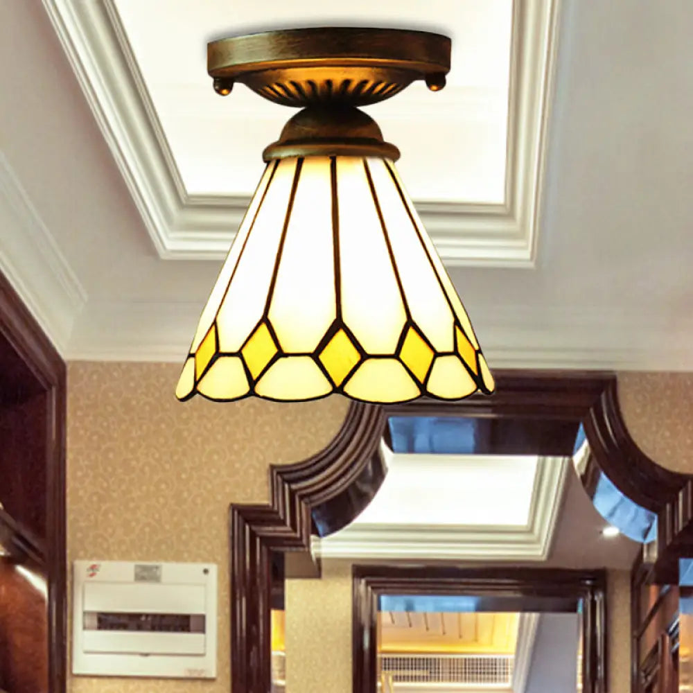 Foyer Stair Ceiling Mount Light: Tiffany Lamp In Bronze Finish / Rhombus