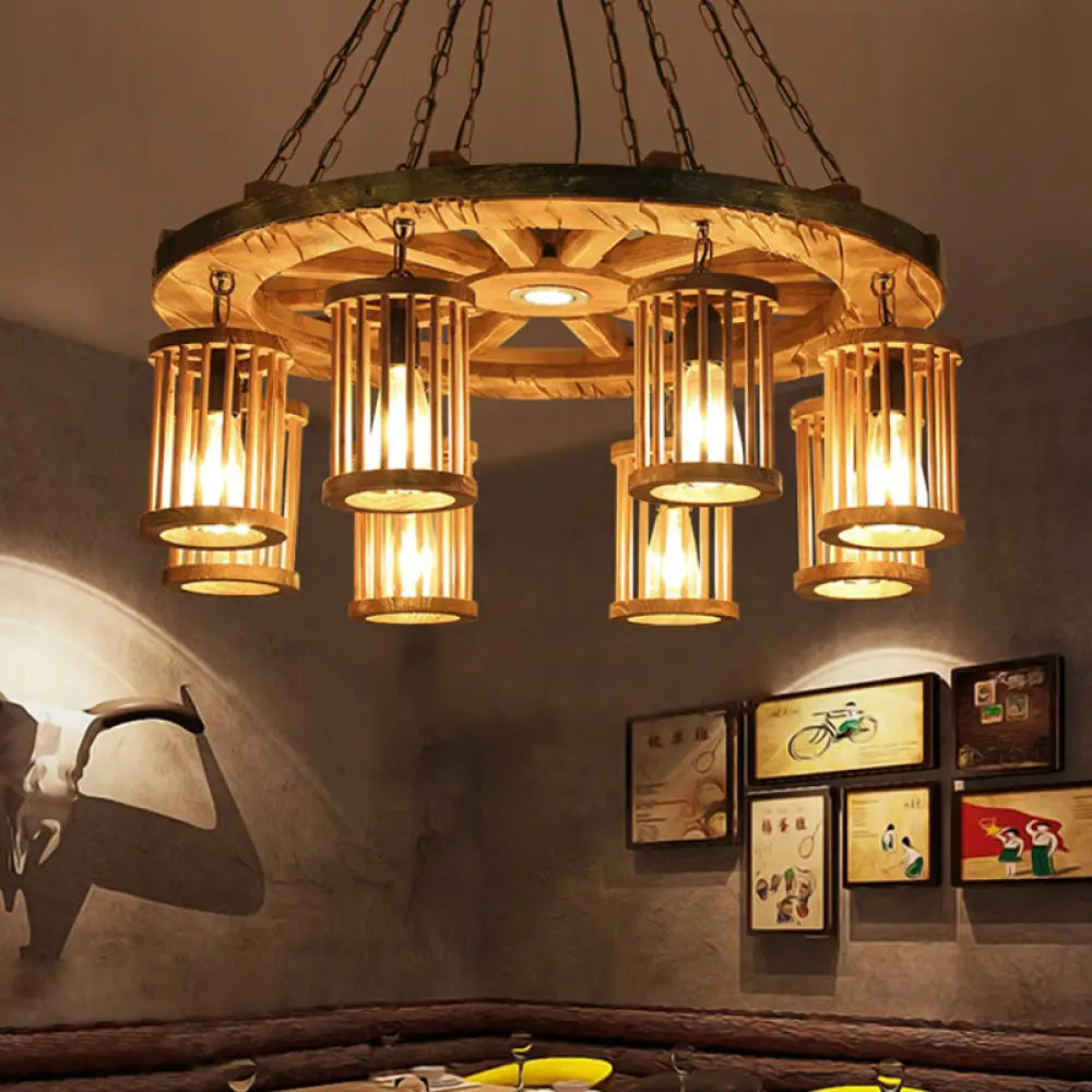 Franã§Oise - Retro Cylinder Chandelier Light Fixture 8-Bulb Wood Ceiling Pendant With Wheel For