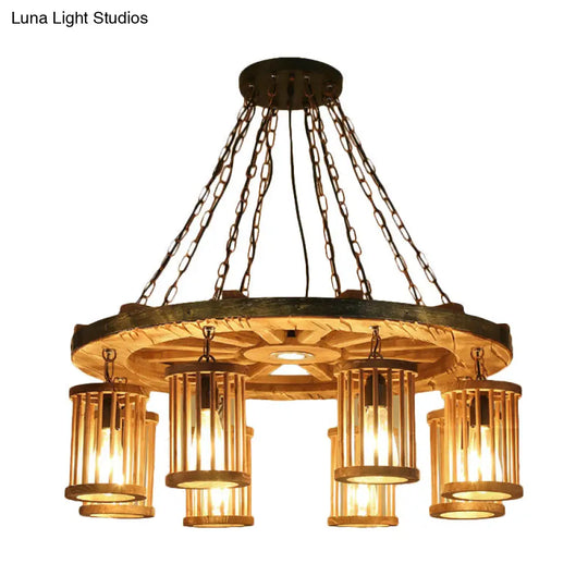 Franã§Oise - Retro Cylinder Chandelier Light Fixture 8-Bulb Wood Ceiling Pendant With Wheel For