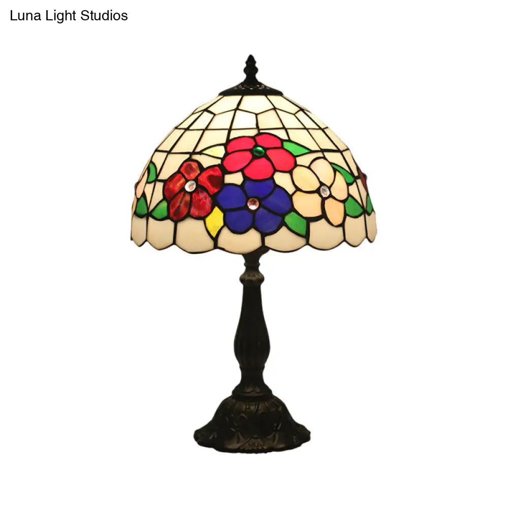 Mediterranean Brass Grid Dome Night Table Lighting With Hand Cut Glass Flower Pattern - 1-Light