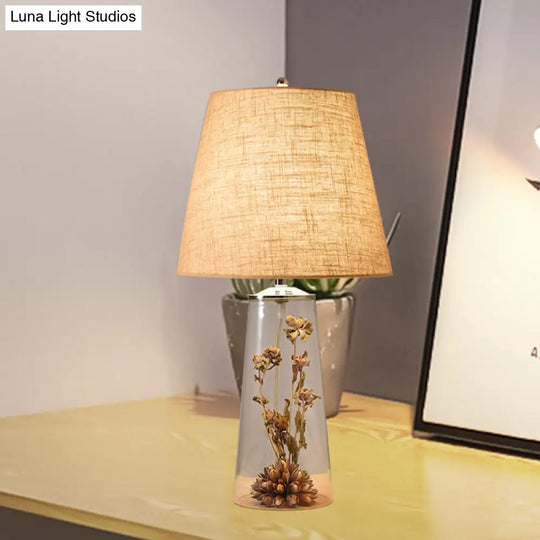 Contemporary Clear Waterdrop Glass Table Lamp With Floral Decor And Fabric Shade