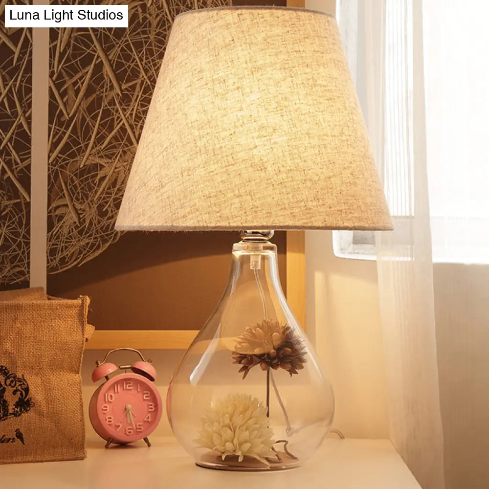 Contemporary Clear Waterdrop Glass Table Lamp With Floral Decor And Fabric Shade Flaxen / Water Drop