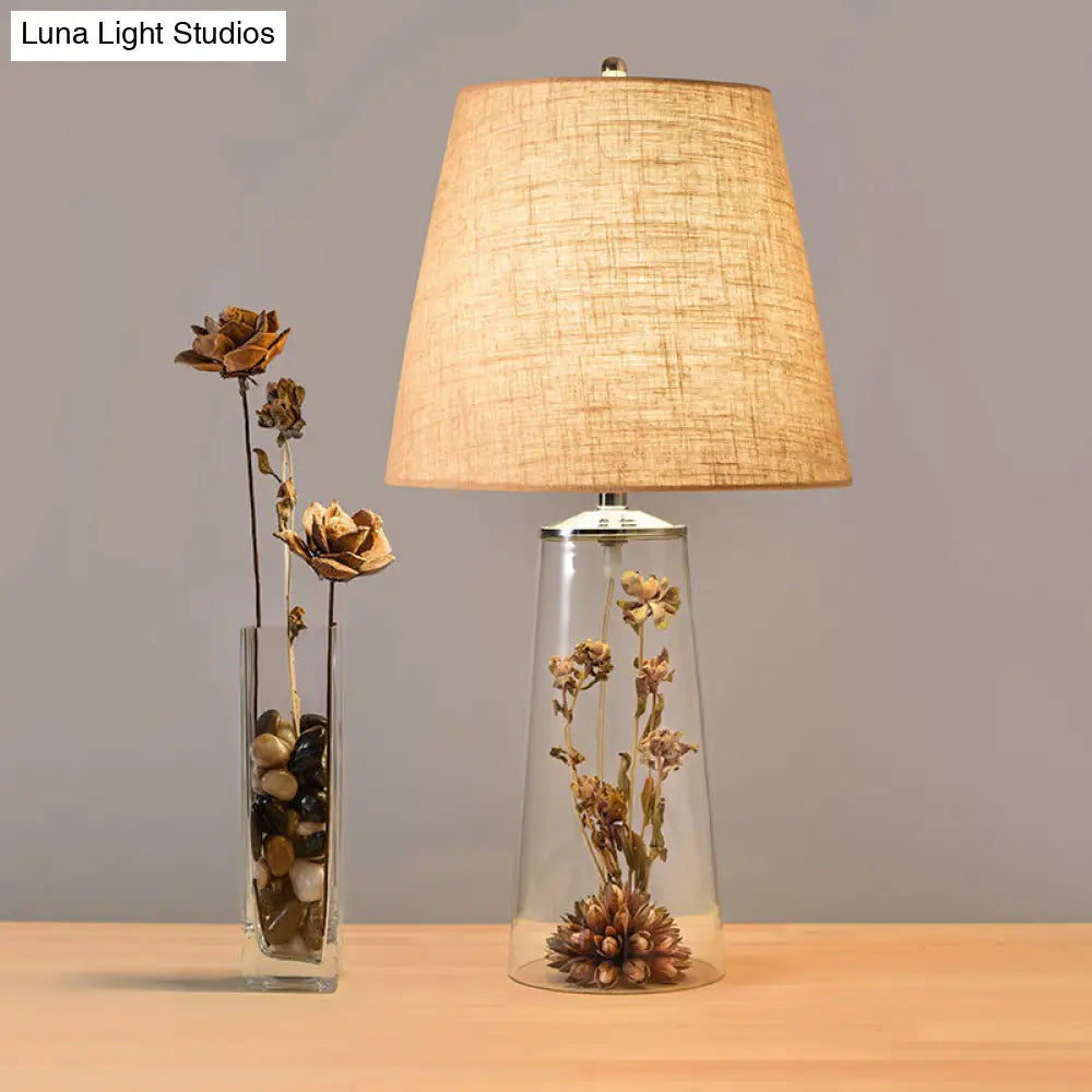 Contemporary Clear Waterdrop Glass Table Lamp With Floral Decor And Fabric Shade Flaxen / Bottle