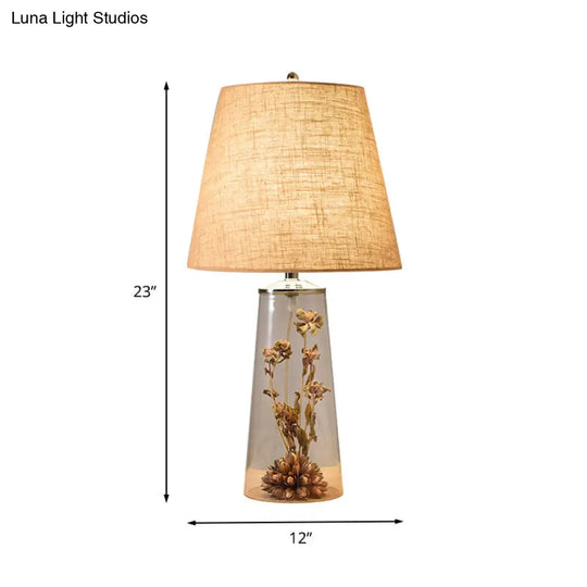 Contemporary Clear Waterdrop Glass Table Lamp With Floral Decor And Fabric Shade