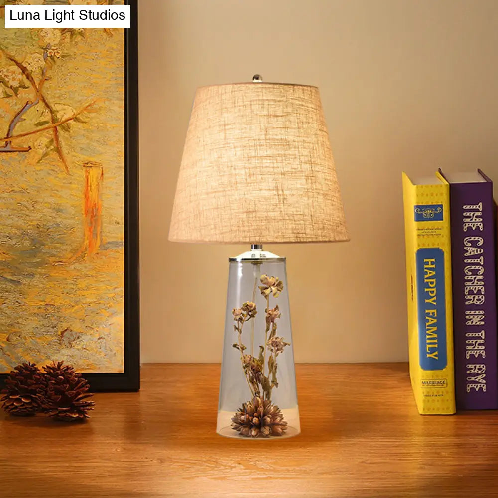 Contemporary Clear Waterdrop Glass Table Lamp With Floral Decor And Fabric Shade