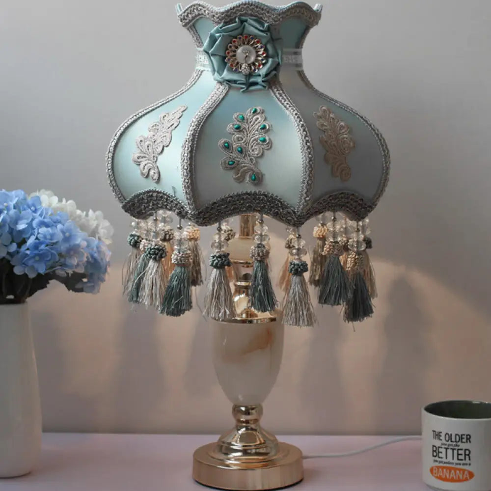 French Aqua Marble Urn Table Light With Fabric Shade