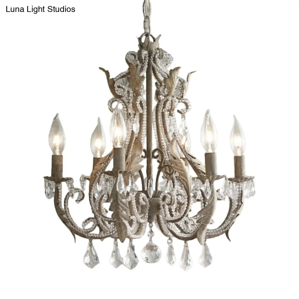 French Country Candle Chandelier - 6 Light Crystal Hanging In Antiqued Grey