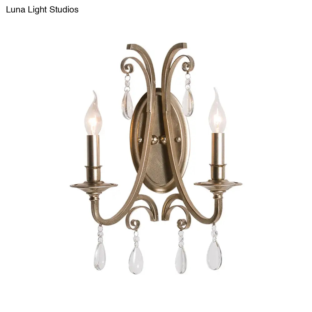 French Country Bedroom Wall Lamp - Brass Finish Sconce Light With Crystal Accent