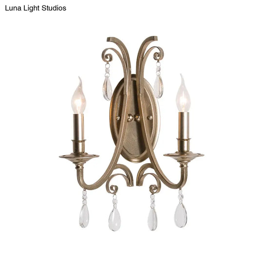 French Country Bedroom Wall Lamp - Brass Finish Sconce Light With Crystal Accent