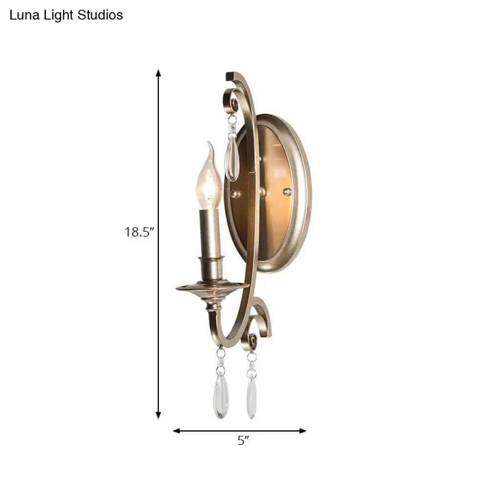 French Country Bedroom Wall Lamp - Brass Finish Sconce Light With Crystal Accent