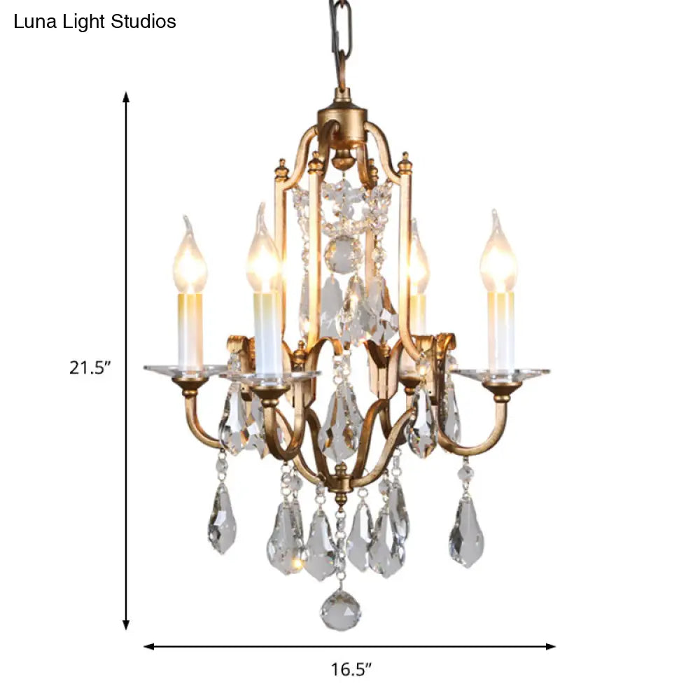 French Country Crystal Candle Chandelier - 4-Light Pendant Fixture For Hallway In Brass