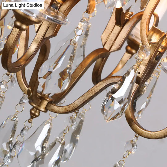 French Country Candle Chandelier With Crystal Drops - 4-Light Brass Pendant Fixture For Hallway