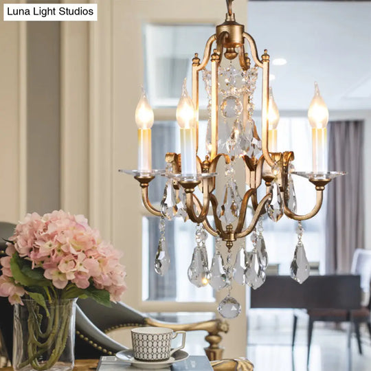 French Country Crystal Candle Chandelier - 4-Light Pendant Fixture For Hallway In Brass