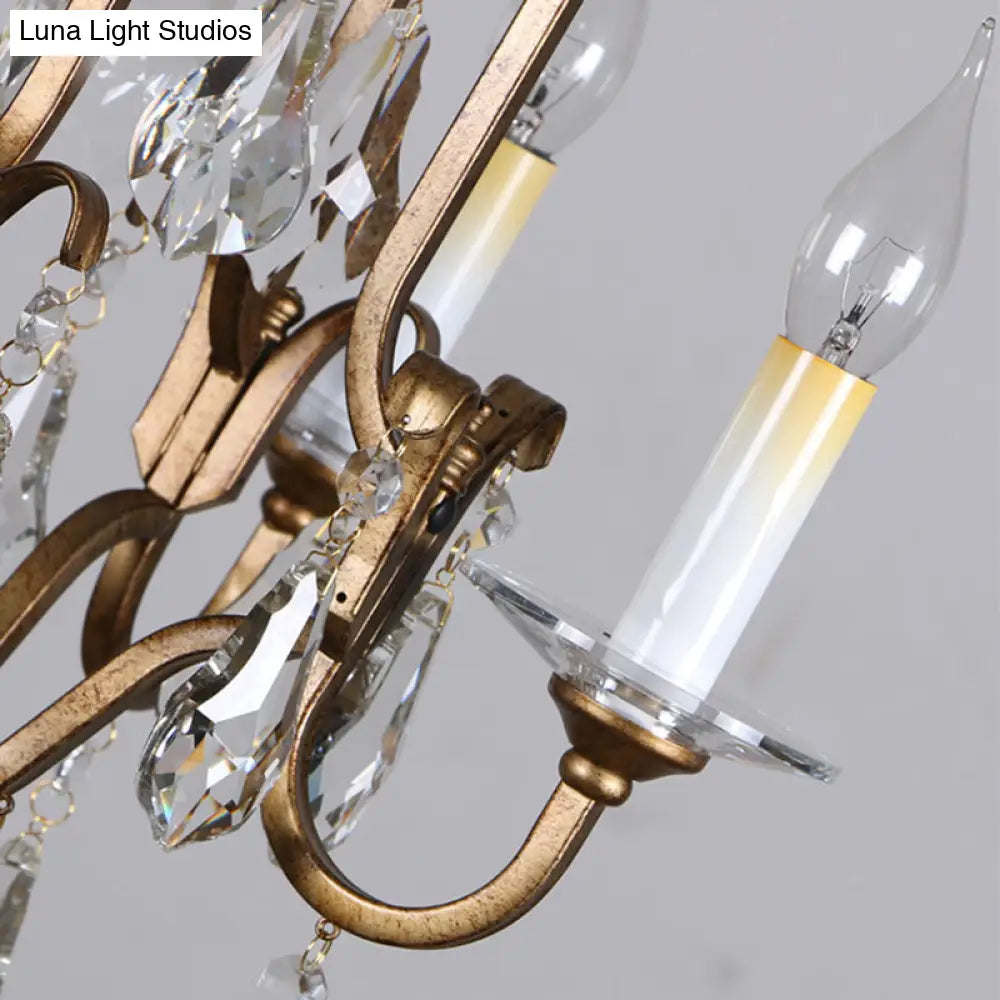 French Country Candle Chandelier With Crystal Drops - 4-Light Brass Pendant Fixture For Hallway