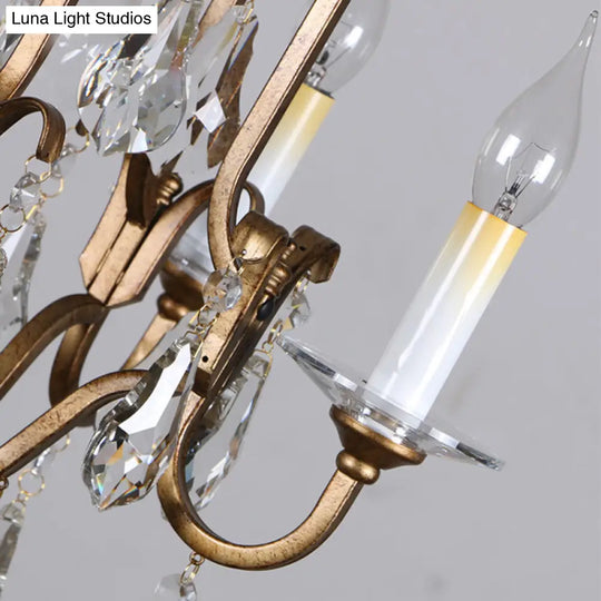 French Country Candle Chandelier With Crystal Drops - 4-Light Brass Pendant Fixture For Hallway