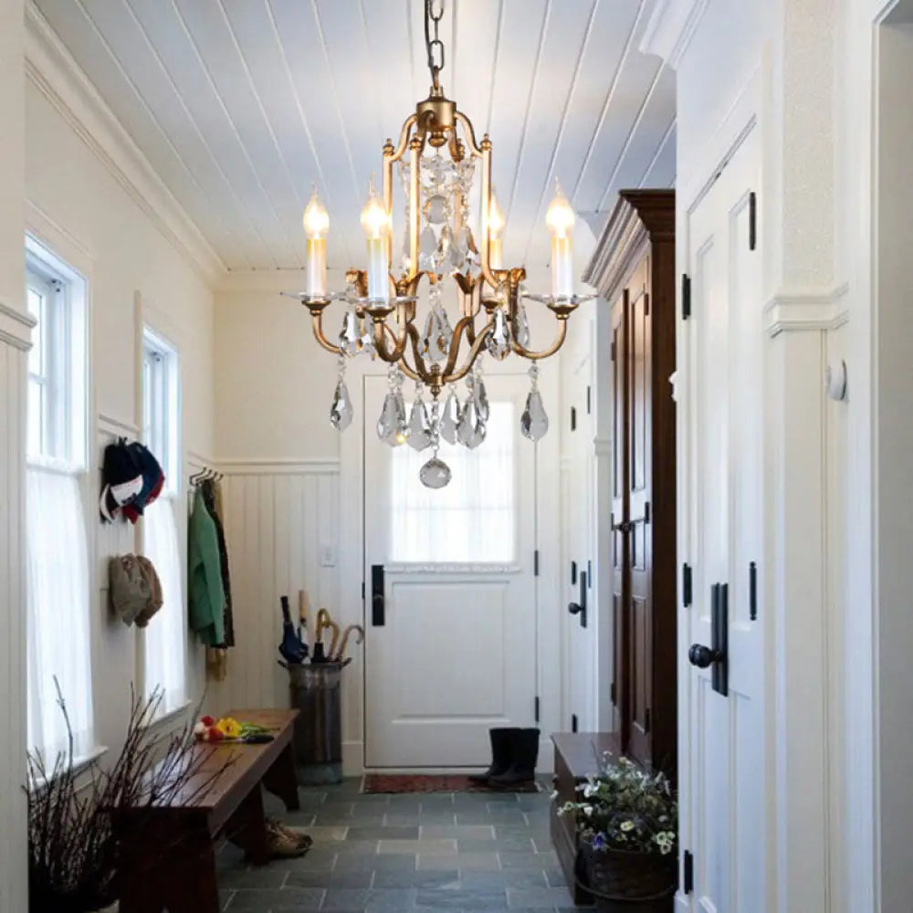 French Country Candle Chandelier With Crystal Drops - 4-Light Brass Pendant Fixture For Hallway