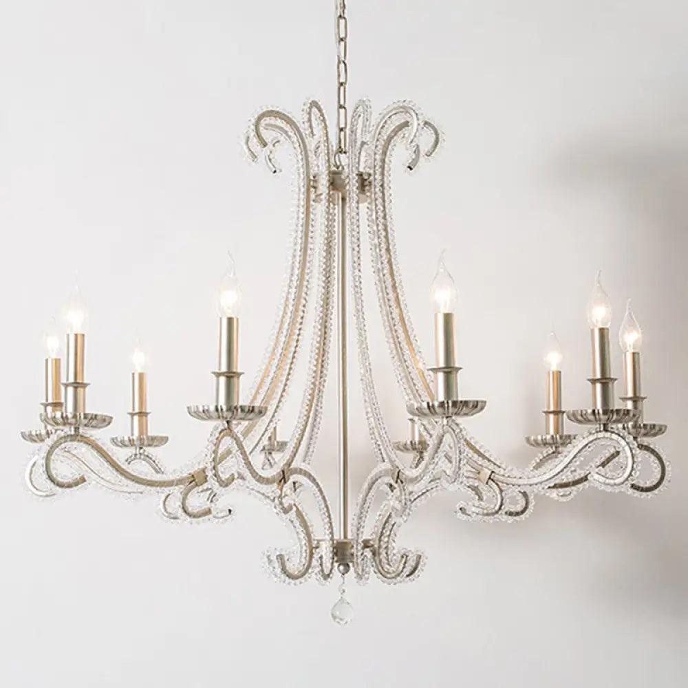 French Country Crystal Bead Chandelier With Chrome Finish - Elegant Drop Lamp For Dining Room 10 /