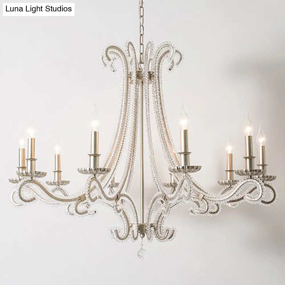 French Country Crystal Bead Chandelier With Chrome Finish - Elegant Drop Lamp For Dining Room