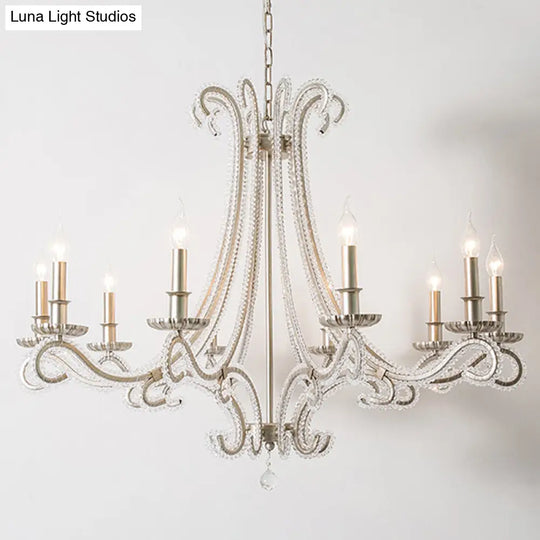 French Country Crystal Bead Chandelier With Chrome Finish - Elegant Drop Lamp For Dining Room