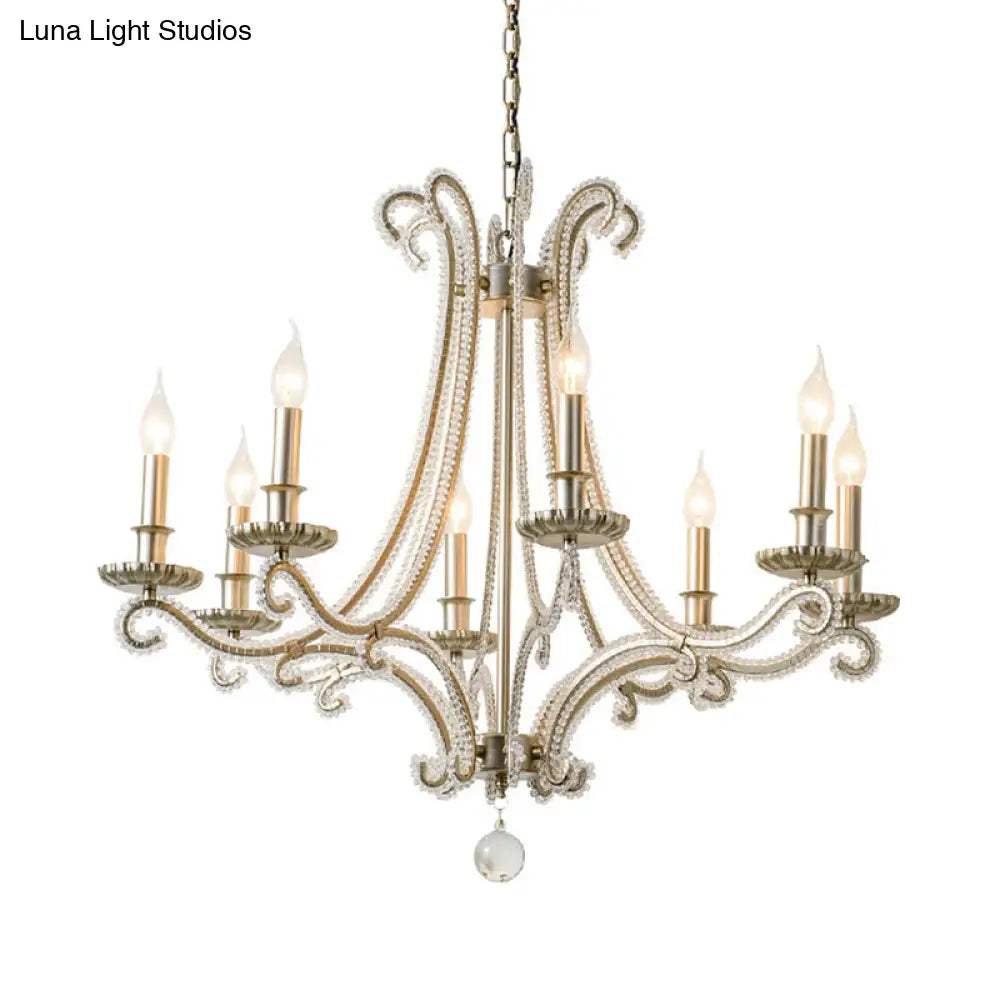 French Country Crystal Bead Chandelier With Chrome Finish - Elegant Drop Lamp For Dining Room