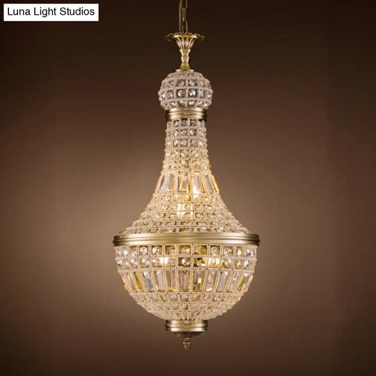 French Country Crystal Bedroom Ceiling Pendant Light Fixture - Brass Empire Chandelier