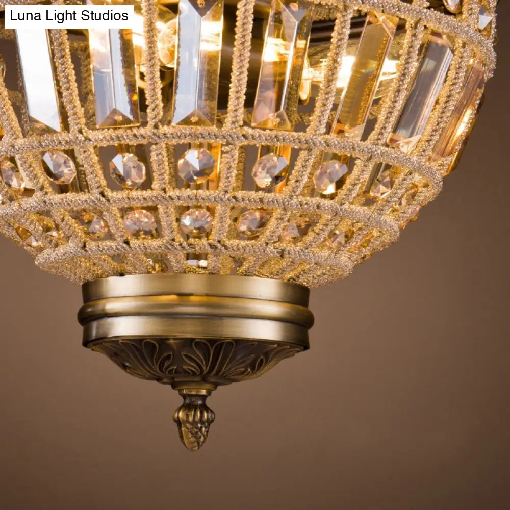 French Country Crystal Bedroom Ceiling Pendant Light Fixture - Brass Empire Chandelier