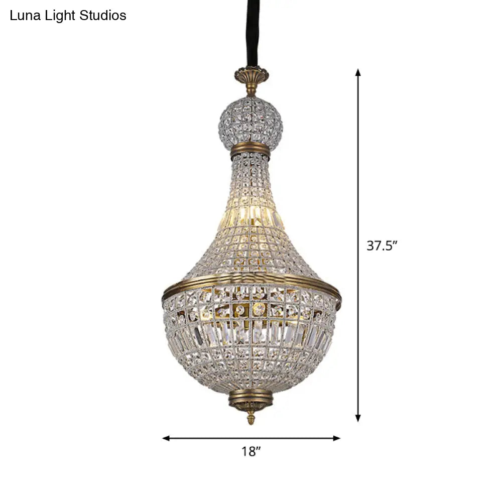 French Country Crystal Bedroom Ceiling Pendant Light Fixture - Brass Empire Chandelier