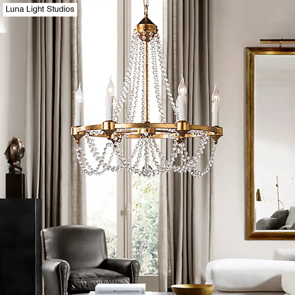 French Country Crystal Chandelier With 6 Lights In Antique Brass Finish