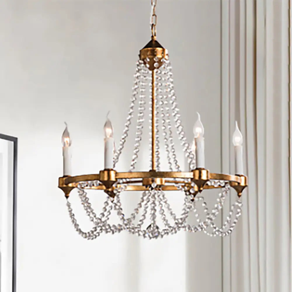 French Country Crystal Chandelier With 6 Lights In Antique Brass Finish