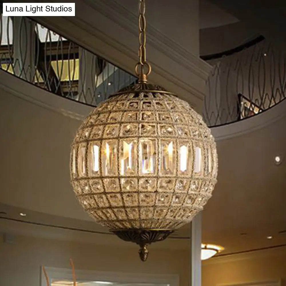 French Country Globe Pendant Chandelier - Crystal-Encrusted Brass Suspension Lamp