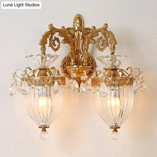 French Country Gold Wall Sconce With Clear Glass Bell Shade For Corridor