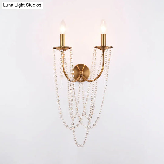 French Country Gold Wall Sconce With Crystal Bead Strand - 2 Light Fixture