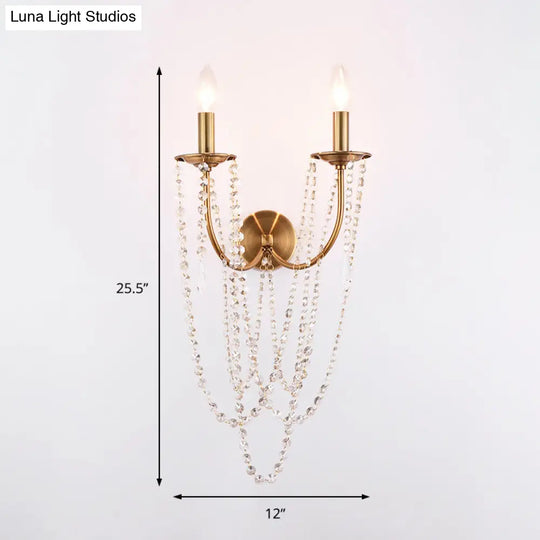 French Country Gold Wall Sconce With Crystal Bead Strand - 2 Light Fixture