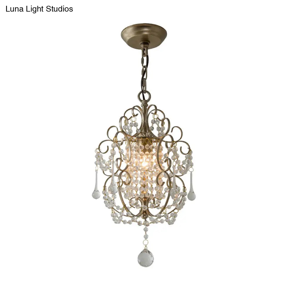 French Country Metal Scroll Bedside Pendant Light With Crystal Bead