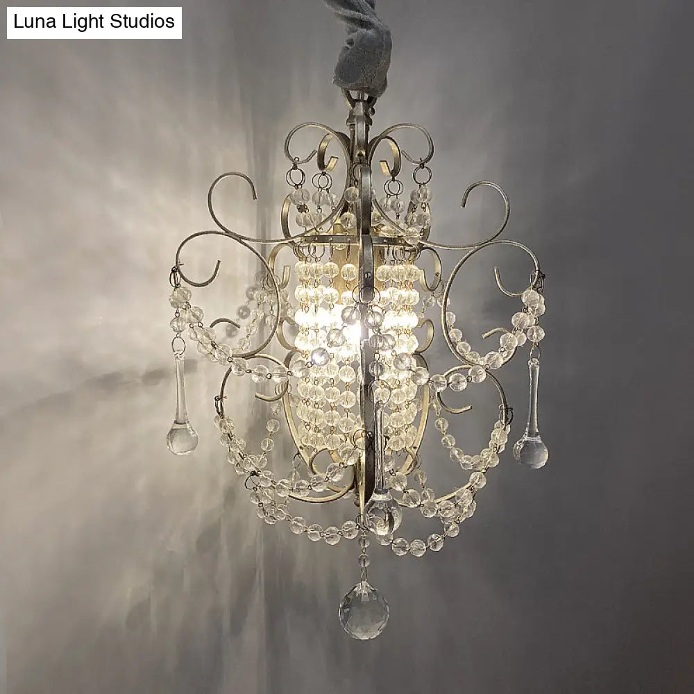 French Country Metal Scroll Bedside Pendant Light With Crystal Bead