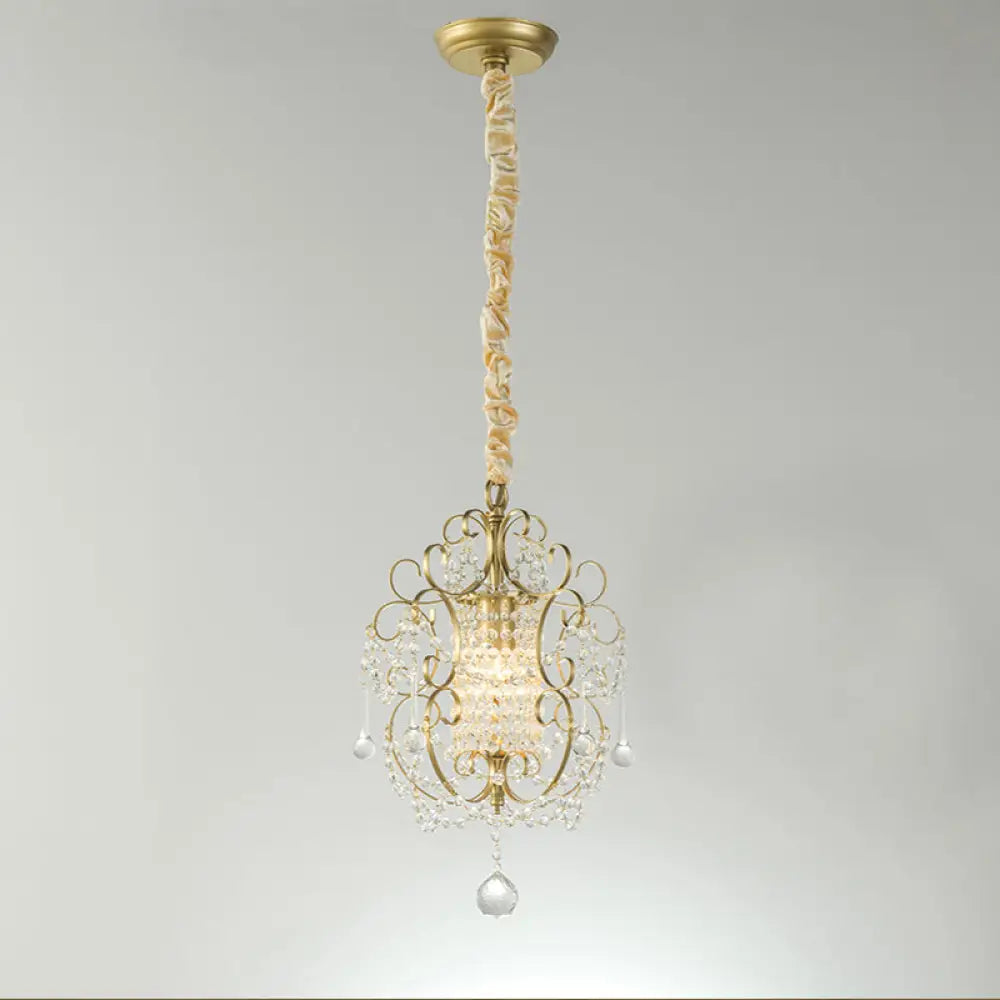 French Country Metal Scroll Bedside Pendant Light With Crystal Bead Gold