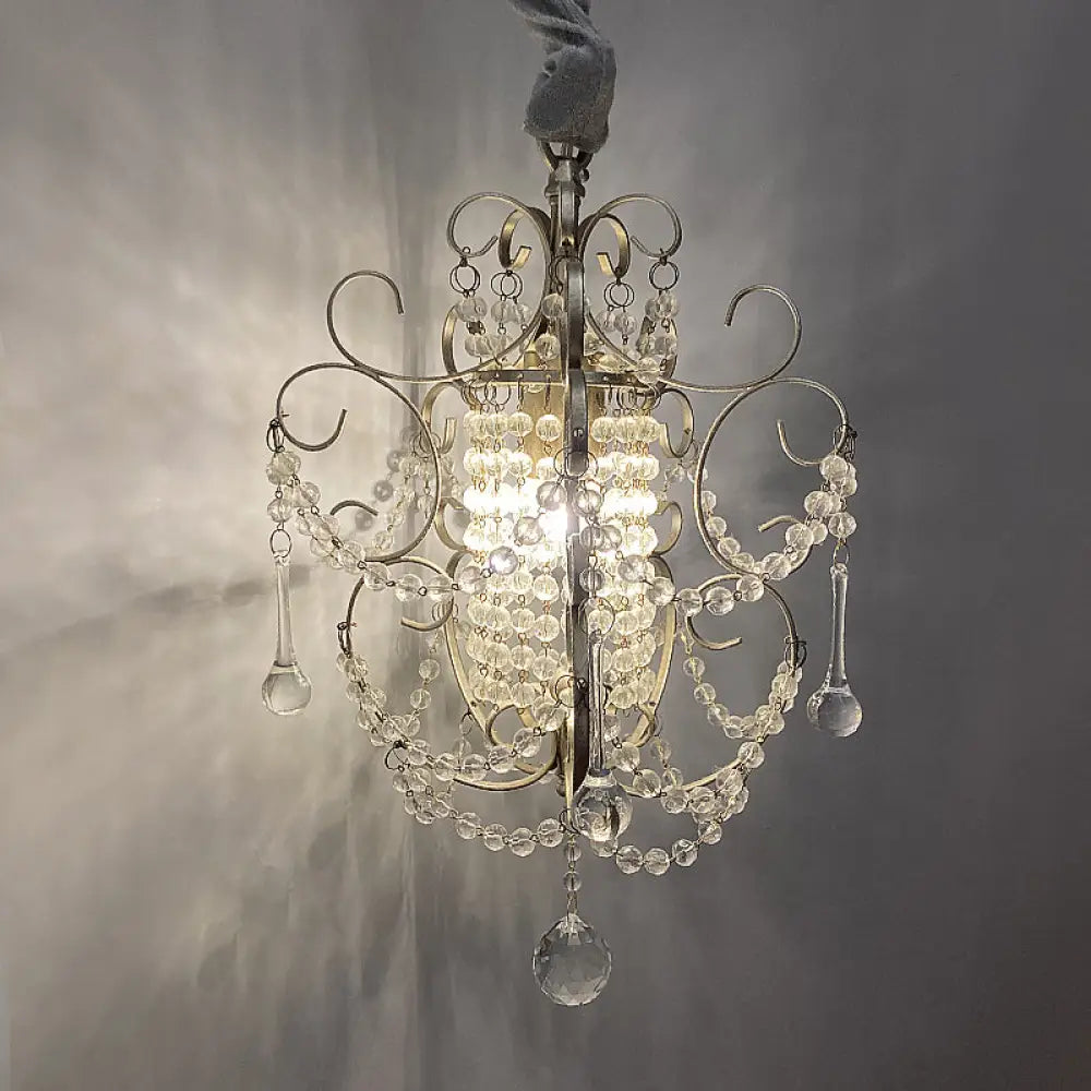 French Country Metal Scroll Bedside Pendant Light With Crystal Bead Silver