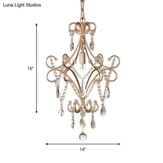 French Curvy Armed Ceiling Lamp With Crystal Draping In Gold - Metal Pendant