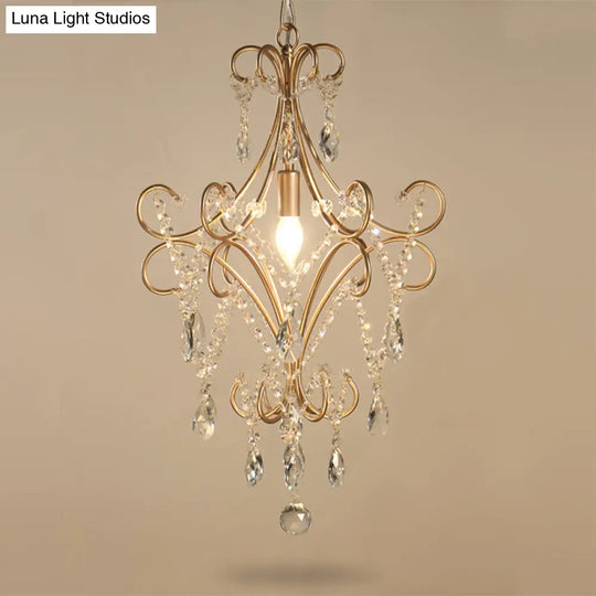 French Style Curvy Armed Ceiling Suspension Lamp With Crystal Draping Gold