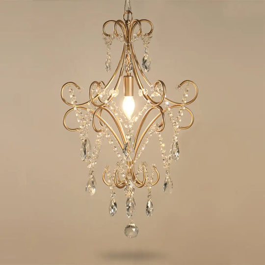 French Curvy Armed Ceiling Lamp With Crystal Draping In Gold - Metal Pendant