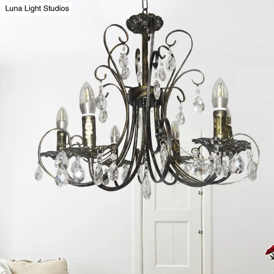 French Style Bronze Curved Candle Chandelier - 6 Light Iron Ceiling Lighting With Crystal Accent