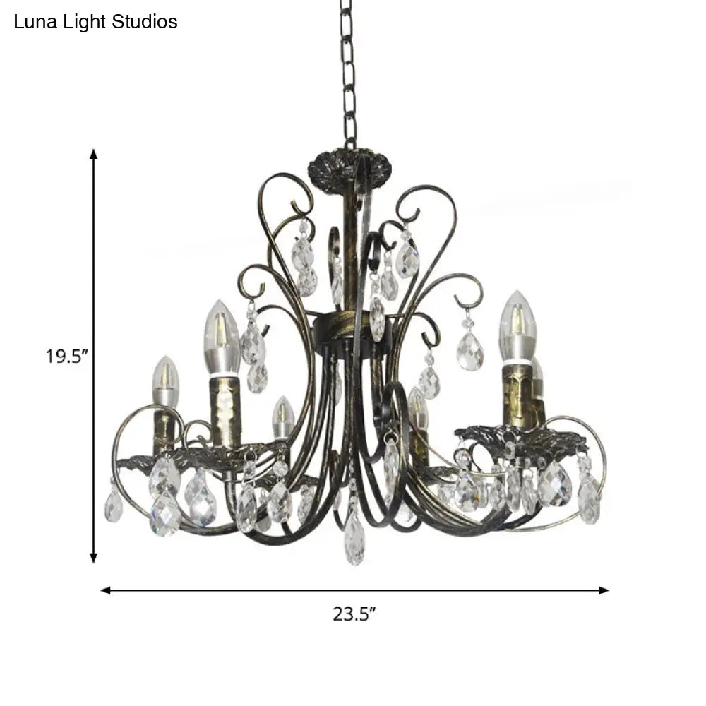 French Style Bronze Curved 6-Light Candle Chandelier With Crystal Accents