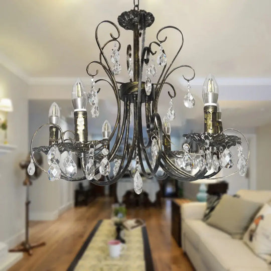 French Style Bronze Curved Candle Chandelier - 6 Light Iron Ceiling Lighting With Crystal Accent