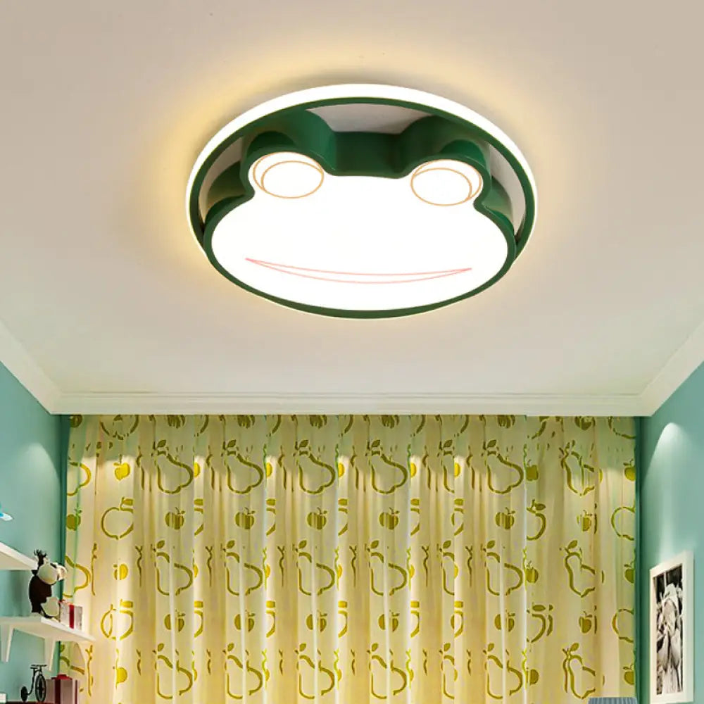 Frog Cartoon Thin Flush Mount Acrylic Nursery Led Ceiling Lamp In Green Warm/White Light / Warm