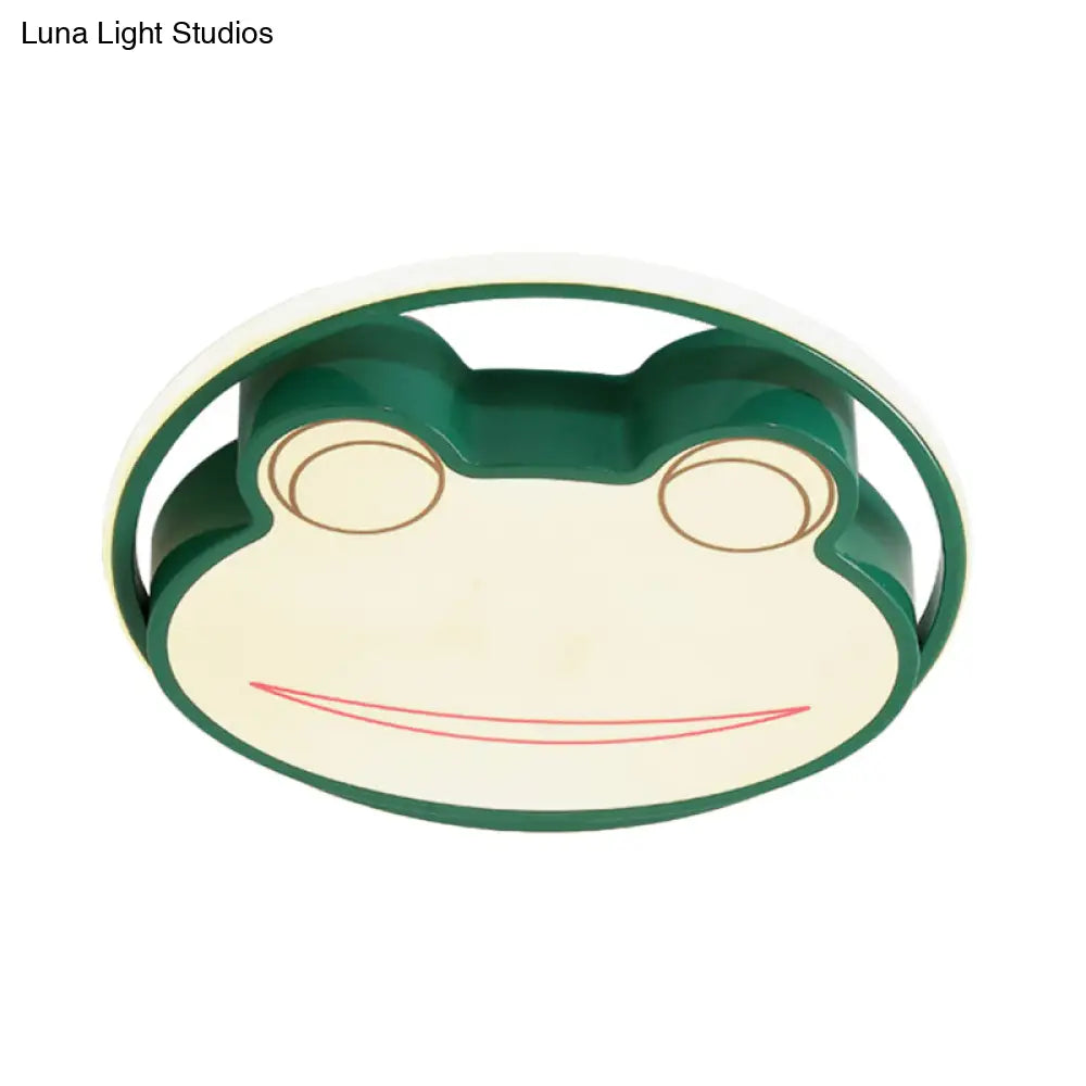 Frog Cartoon Thin Flush Mount Acrylic Nursery Led Ceiling Lamp In Green Warm/White Light
