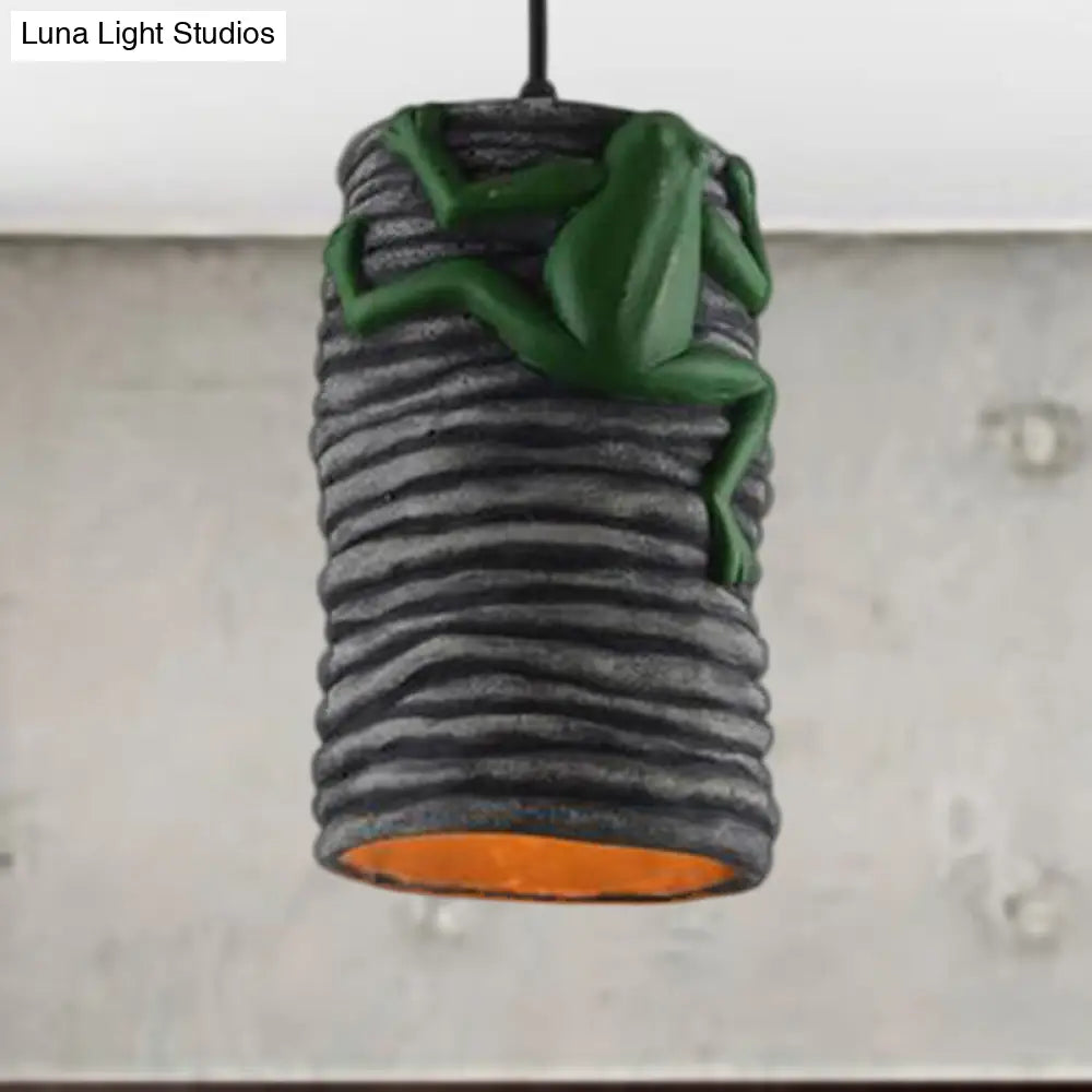 Industrial Frog Deco Cylinder Pendant Light: 1-Light Cement And Resin Lamp In Brass/Black/Grey For