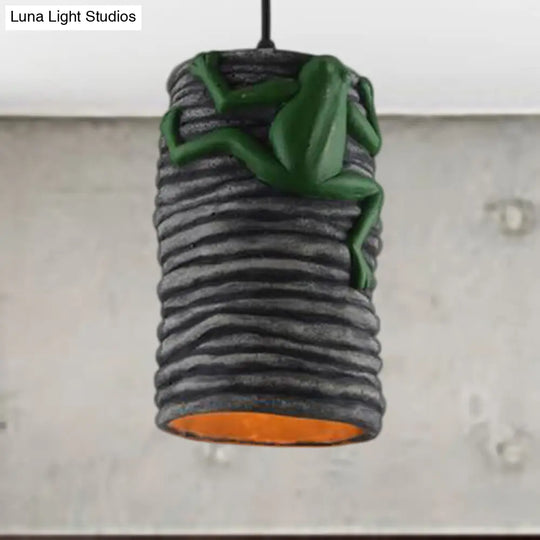 Industrial Frog Deco Cylinder Pendant Light: 1-Light Cement And Resin Lamp In Brass/Black/Grey For